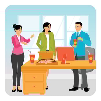 Pizza in the Office. Colleagues Enjoying Pizza and Drinks in an Office. vector
