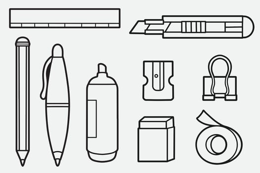 set of stationary with outline style good for icon, symbol, element design, coloring book, etc vector