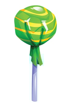 Green and yellow striped wrapped lollipop, a classic sweet confection. cartoon illustration vector