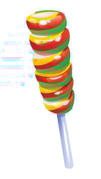 Stacked colorful round candies on a stick, featuring red, green, and yellow layers. cartoon illustration vector