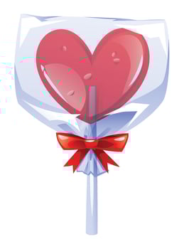 Red heart-shaped lollipop in clear wrapper with red bow, perfect for a romantic gesture or sweet gift. cartoon illustration vector