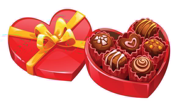 Open heart-shaped red box of assorted chocolates with a golden ribbon. Perfect romantic gift for loved ones. Cartoon illustration vector