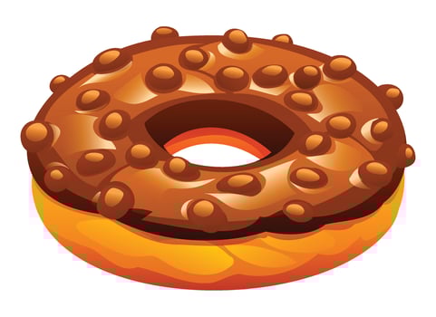 Chocolate donut with glaze and chocolate ball toppings on a white background. Cartoon illustration vector