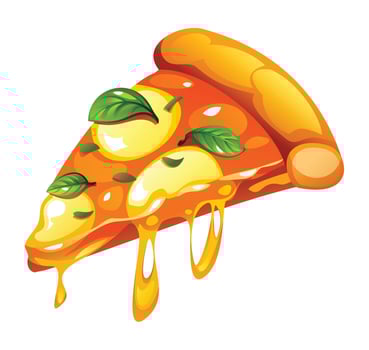 Delicious slice of hot pizza Margherita with melting cheese and fresh basil leaves on a white background. Cartoon illustration vector