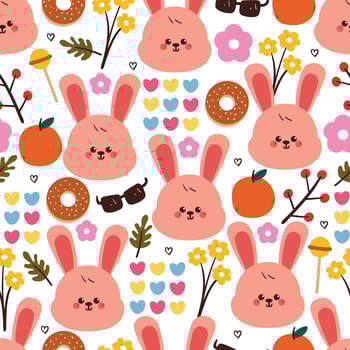 seamless pattern cute cartoon bunny with dessert, plant and hearts. cute animal pattern for fabric print vector