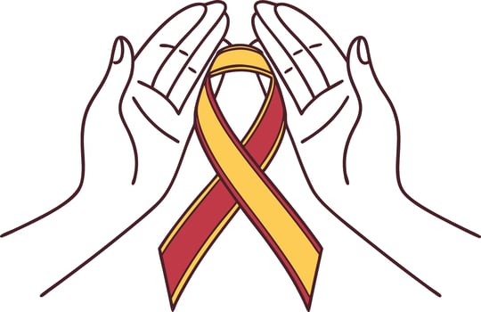 Two hands with a yellow and red ribbon vector
