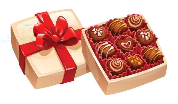 Open beige gift box filled with assorted chocolates, with a red ribbon. Ready to be given for a special occasion. Cartoon illustration vector
