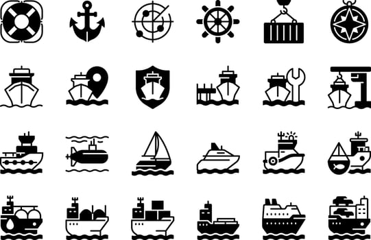 Maritime transport pixel perfect glyphs iconset on negative space. Transporting goods via sea routes. Shipping by watercraft. Silhouettes symbols. Solid icons set. Isolatedillustration vector