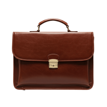 Brown leather briefcase with a golden clasp, perfect for business concepts png