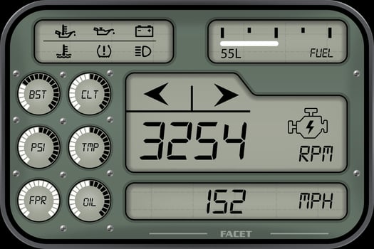 Retro Digital Dashboard Panel in Vintage Clock Style. Finished Design with Circular Gauges and Indicators Featuring Segmented Display Elements. vector