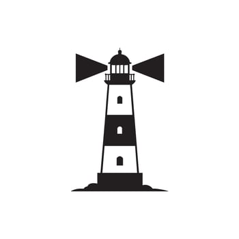 Black and white striped lighthouse with beams of light silhouette isolated on white background vector