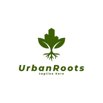 A minimalist logo combining a green city building and plant leaves with roots, symbolizing harmony between urban development and nature. Ideal for eco-friendly brands, sustainability projects, urban f vector
