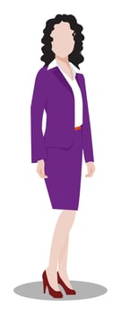 Faceless Caucasian woman with shoulder-length curly hair, standing upright with her hands by her sides. Dressed in a smart business suit with high heels, exuding professionalism and confidence. vector