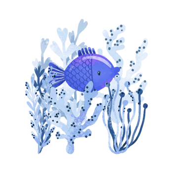Cute fish with marine algae. On the bottom. Seascape saltfish png