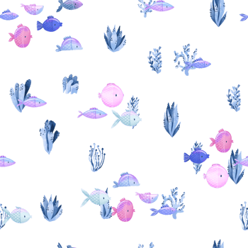 Underwater sea fish, blue algae. Deep water. Hand drawn marine seamless pattern. Oceania fauna. Cartoon print, background. Simple design png