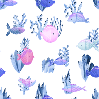 Sea and ocean funny fish, blue algae hand drawn seamless pattern. Oceania fauna. Cartoon print, background. Simple design png