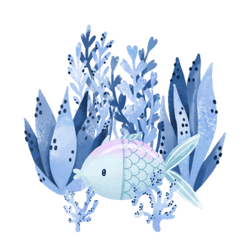 Cute fish with marine algae. On the bottom. Seascape png