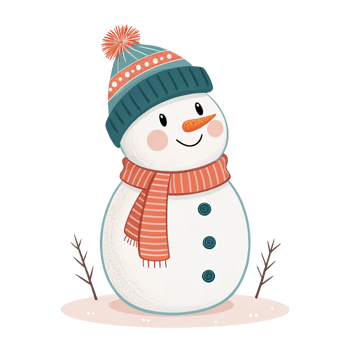 A cartoon snowman wearing a hat and scarf on transparent background png