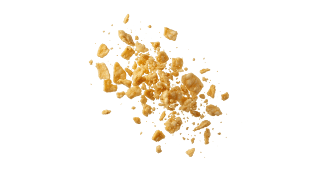 Scattered cracker crumbs isolated on transparent background in studio shot png