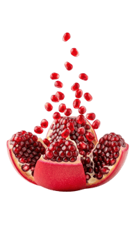 Fresh pomegranate seeds falling from a ripe fruit, isolated on transparent background png