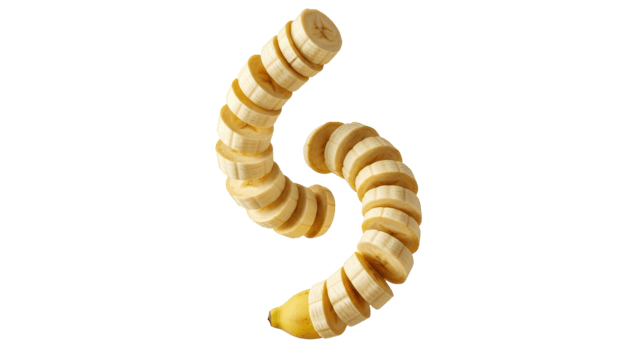 A spiral arrangement of banana slices isolated on transparent background png