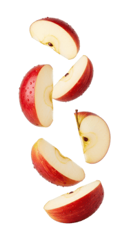 Slices of fresh red apples are falling, isolated on transparent background png