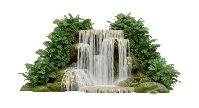 A waterfall cascading down rocks with lush green plants isolated on transparent background png