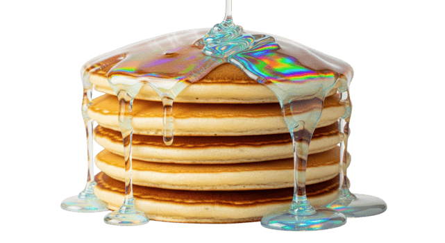 A stack of pancakes with syrup pouring over them isolated on transparent background png