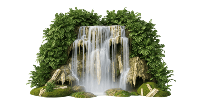 Lush waterfall with green foliage, isolated on transparent background png