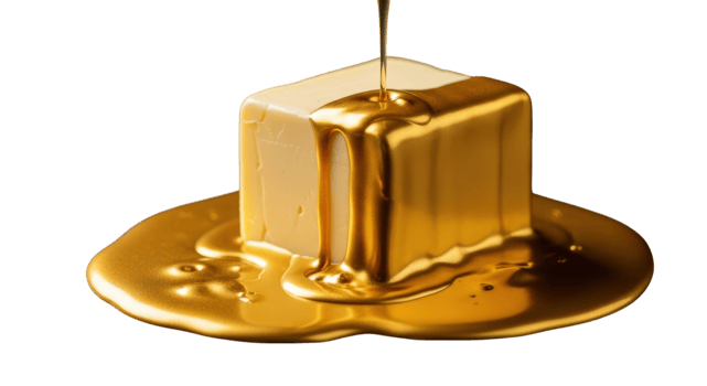 Golden liquid dripping over a cube of butter, isolated on transparent background png