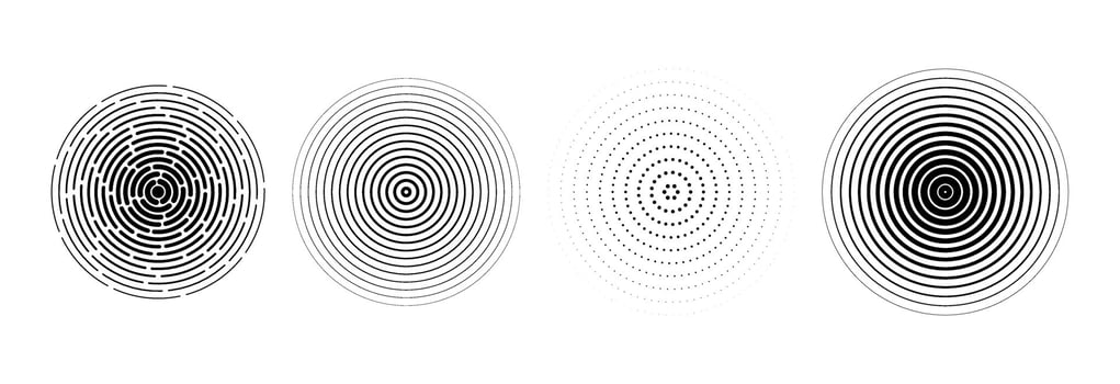 Black radial circle set. Sonar or sound wave ring collection. Halftone and linear epicenter, target, radar icon concept. Rippled concentric signal vibration elements. Dashed and dotted symbols vector