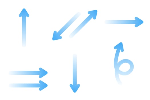 Air flow. Set of blue arrows showing direction of air movement. Wind direction arrows. Blue cold vector