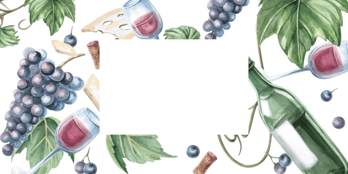 Rectangular frame with chaotically arranged bottles, glasses and grapes. Isolated watercolor illustration for the design of a bar menu, printed products for Wine Day and Harvest Festival. png