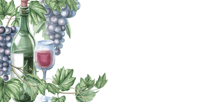 Rectangular frame with a bottle and glasses against the background of bunches of ripe grapes. Isolated watercolor illustration for the design of printed products for Wine Day and the harvest festival. png