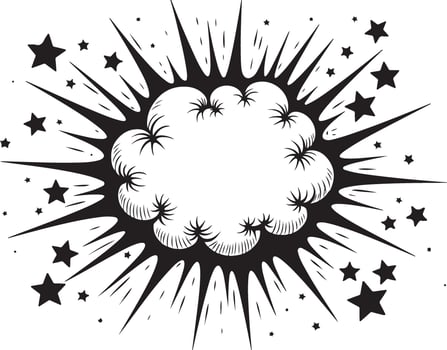 A black and white drawing of a starburst with a cloud vector