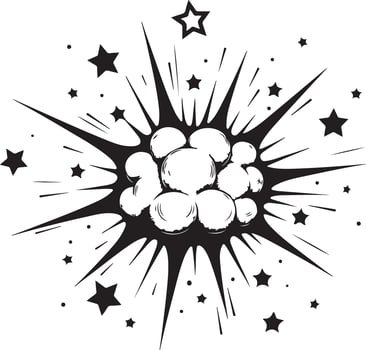 A black and white drawing of a starburst with a cloud of balls vector