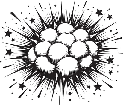 A black and white drawing of a starburst with a cloud of white balls vector