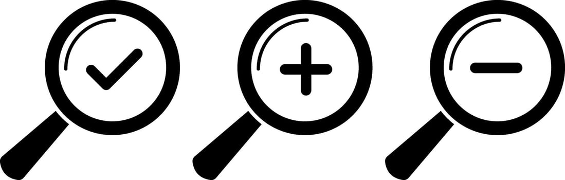 Zoom In and Zoom Out icon. Search icons. Magnifying Glass icons. Searching success icons. magnifier with plus and minus. loupe with check mark sign. vector