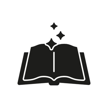 Open Book With Sparkles Solid Icon. Knowledge, Imagination, And Magic Of Reading Silhouette Symbol. Educational Inspiration And Creativity. Isolated Illustration vector