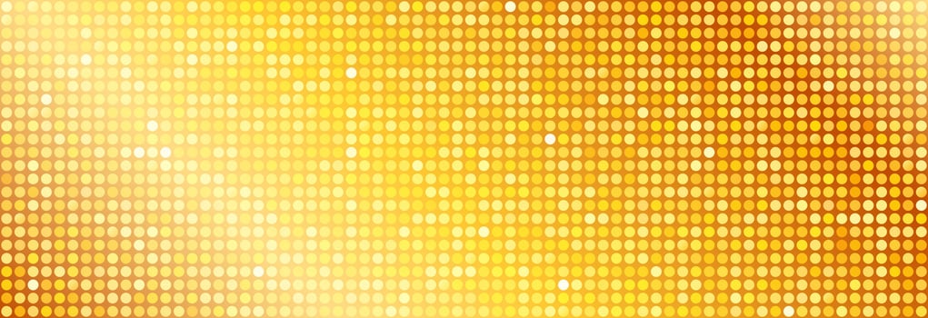 Golden disco party pattern. Yellow round sequin mosaic texture background. Abstract gold shining glitter halftone wallpaper. Sparkling glitter backdrop. Retro design template vector