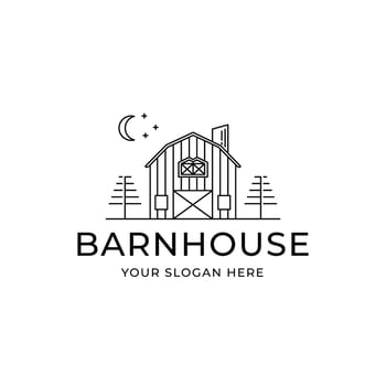 barn house moon star pine tree line art minimalist logo illustration design vector
