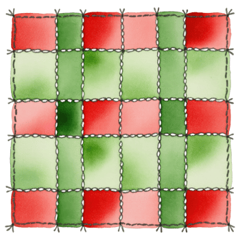 A vibrant watercolor-style patchwork quilt showcasing a blend of red and green hues, meticulously stitched together with detailed needlework. png