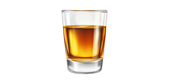 Shot Glass With Amber Liquid. Alcoholic Beverage Representation Isolated On Transparent Background png