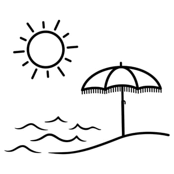 Simple graphic representing summer beach scene with sun, waves and parasol vector