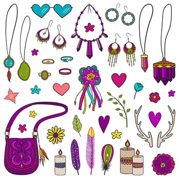 Collection with different jewelry and accessories in boho style. Fashion hand drawn set of bohemian gypsy elements. Colorful bright illustration, isolated on white vector