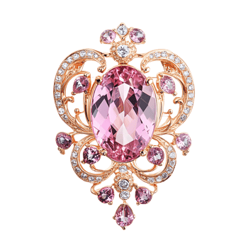 Exquisite rose gold brooch adorned with a large oval pink gemstone and diamonds isolated on transparent background png