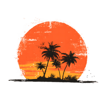 Tropical island with palm trees silhouetted against a vibrant sunset isolated on transparent background png