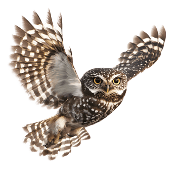 Little owl in flight with wings spread wide and focused gaze isolated on transparent background png