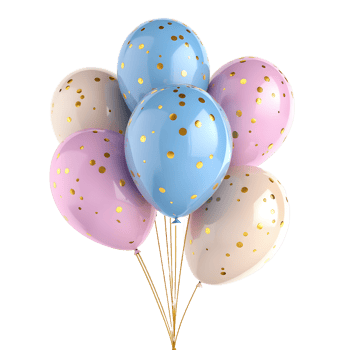 A cluster of pastel colored balloons with gold polka dots isolated on transparent background png