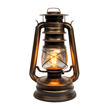 Antique kerosene lantern with a glowing edison bulb and brass finish isolated on transparent background png